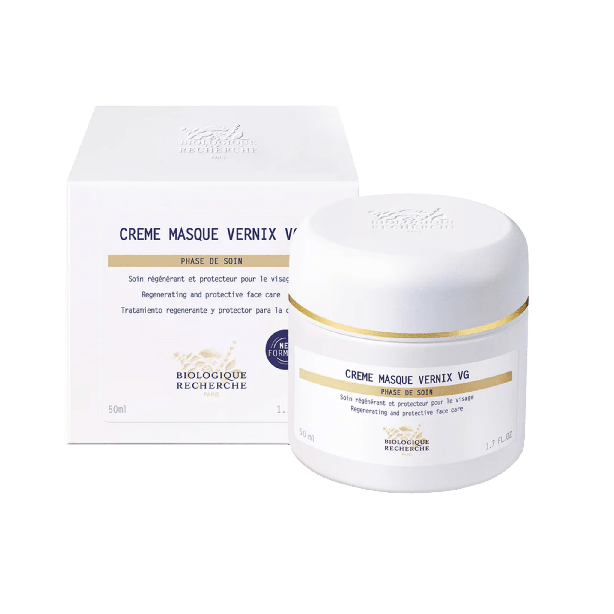 Skincare cream jar and box with gold accents on a white background