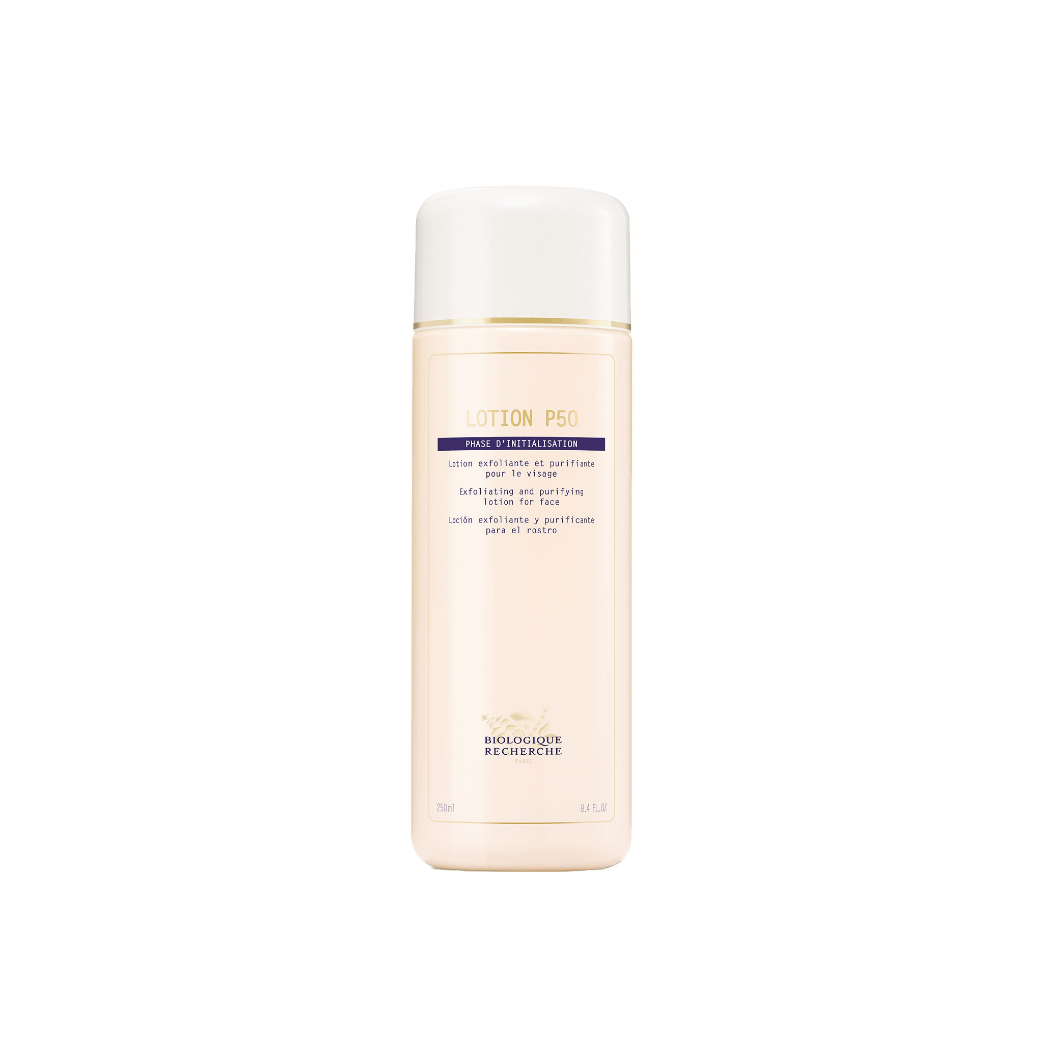 Skincare bottle with white cap and pink label on a white background