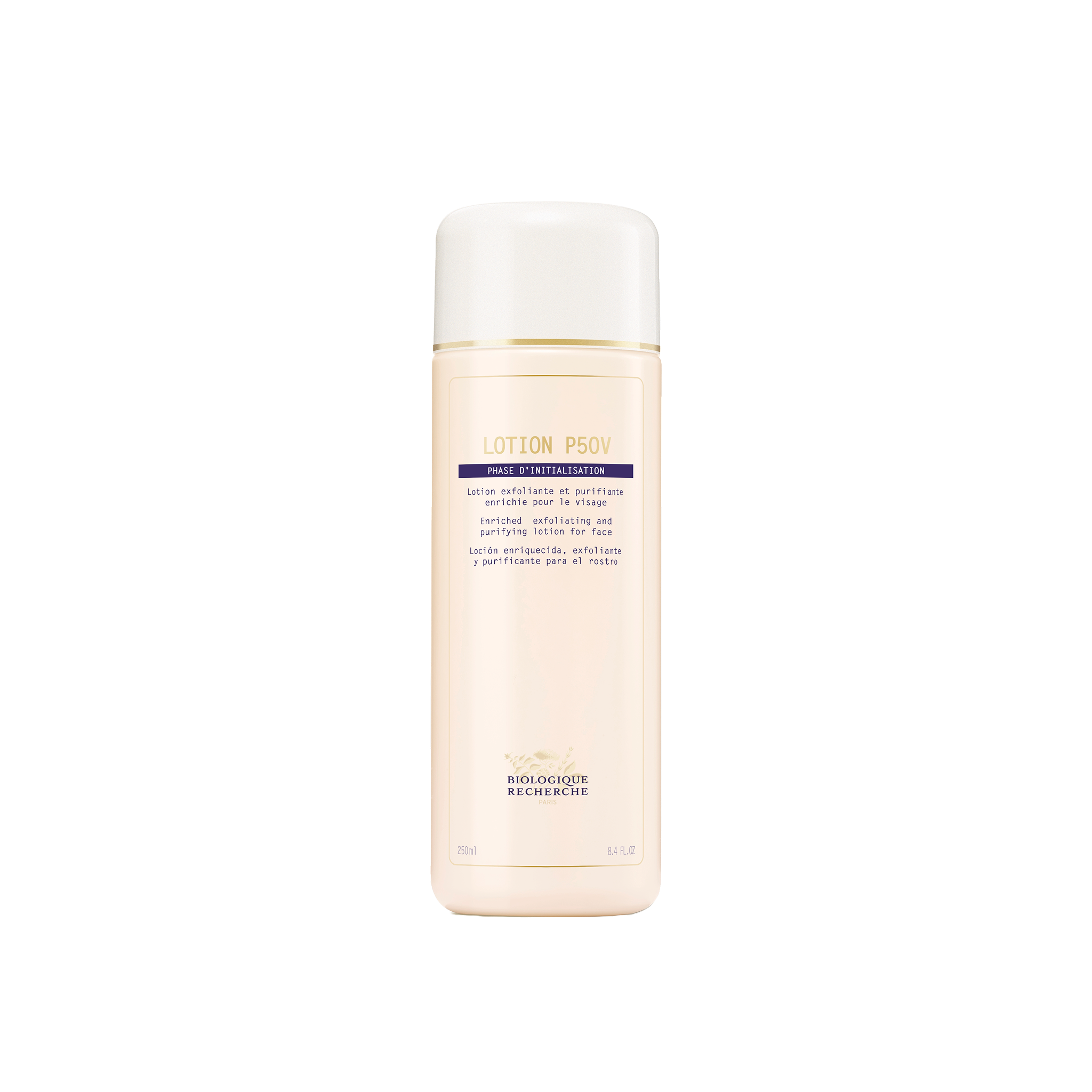 Skincare bottle with white cap and pink label on a white background