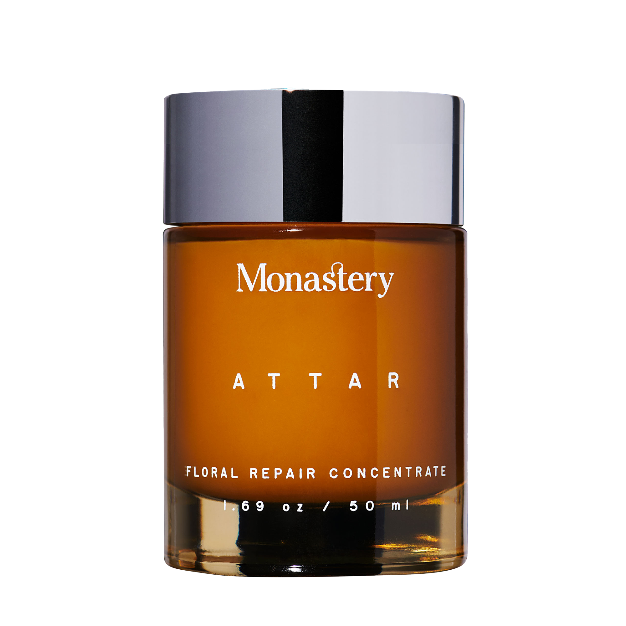 Monastery Attar Floral Repair Concentrate in amber glass jar with silver lid