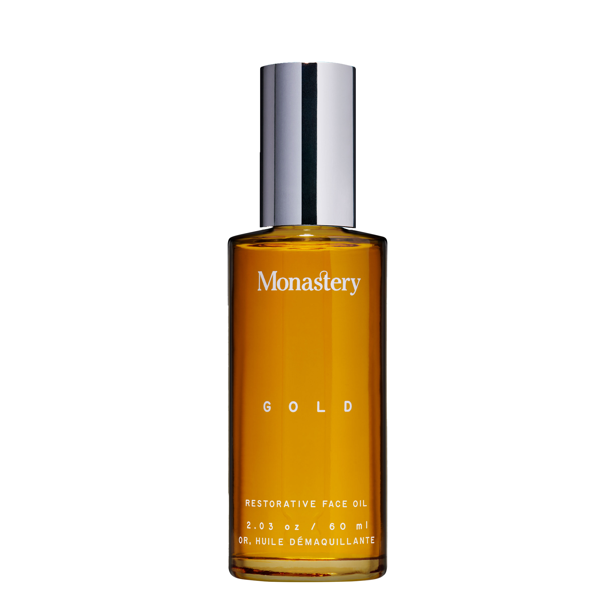 Monastery Gold Restorative Face Oil bottle, 2.03 oz, with silver cap