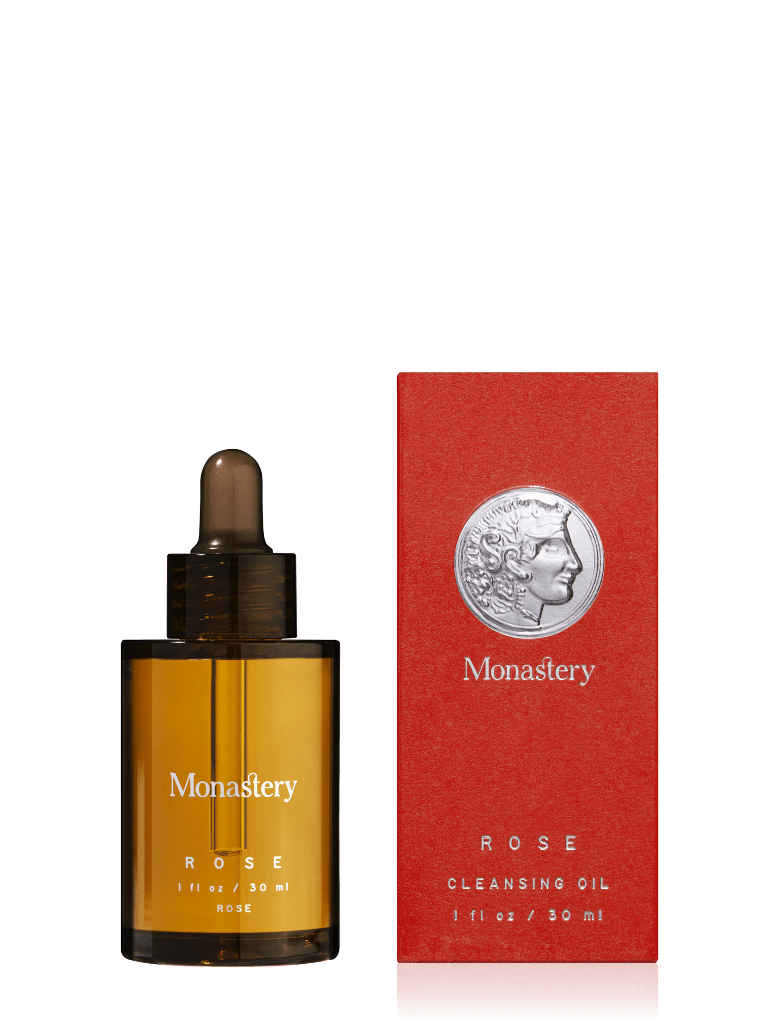Monastery Rose Cleansing Oil bottle and red box with embossed silver coin design