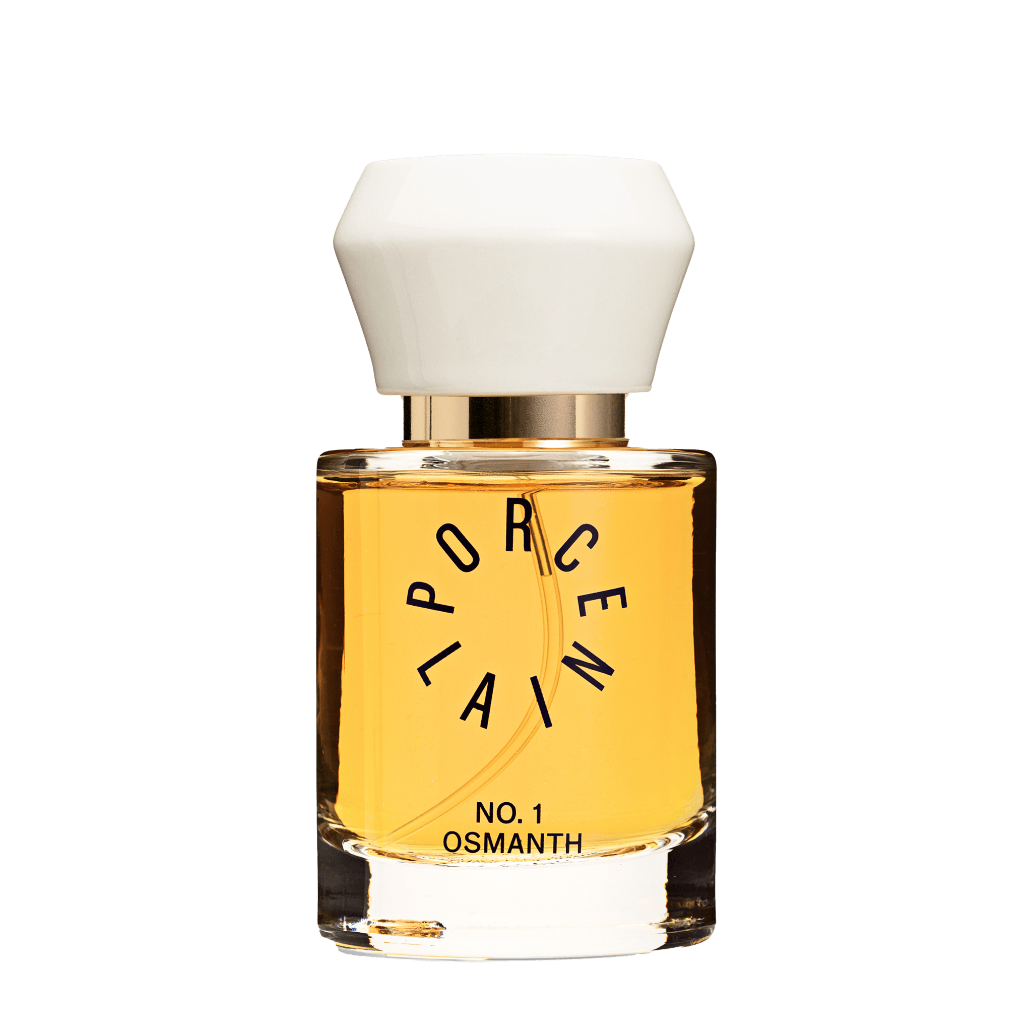 Porcelain No. 1 Osmanth perfume bottle with white cap and amber liquid