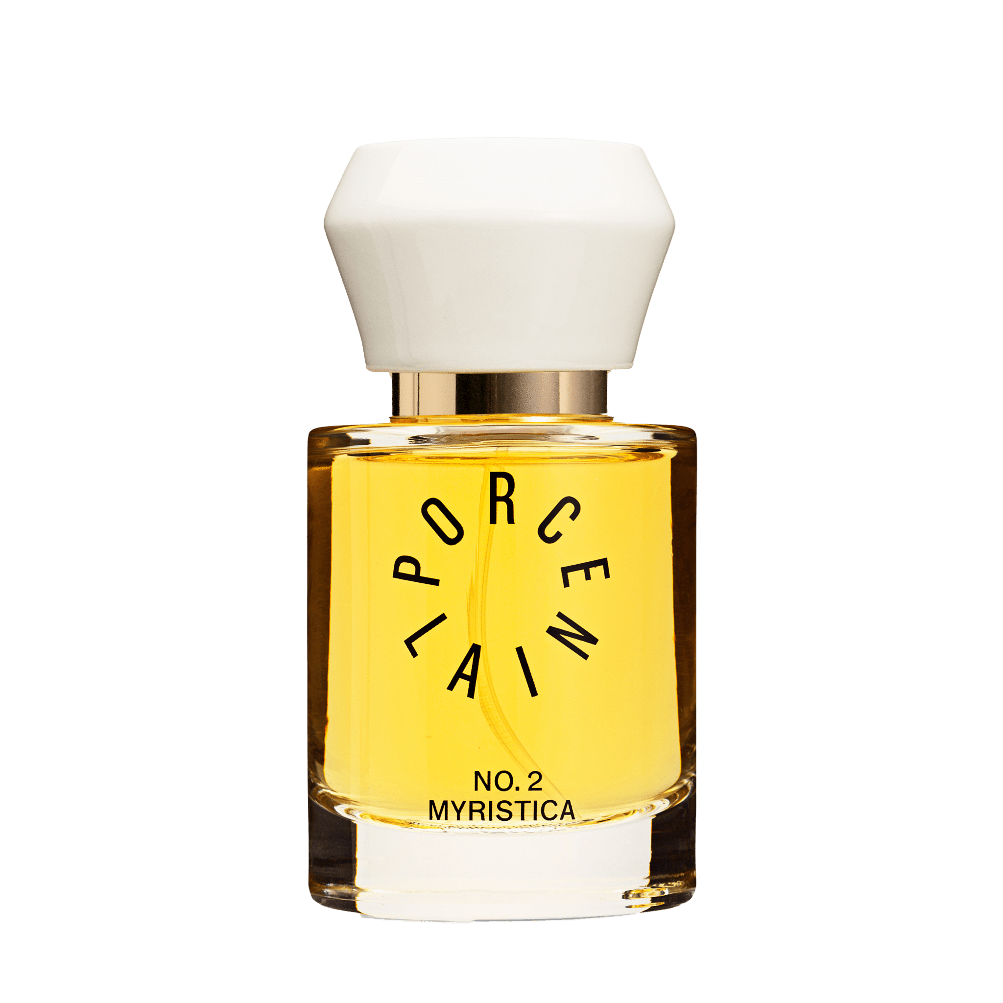 Porcelain No. 2 Myristica perfume bottle with white cap and yellow liquid