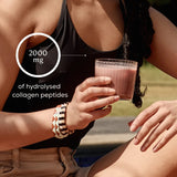 Model holding a glass of Ancient + Brave Cacao + Collagen, with 2000 mg of hydrolysed collagen peptides per serving