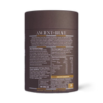 Back of the Ancient + Brave Cacao + Collagen tub with ingredients and nutritional information