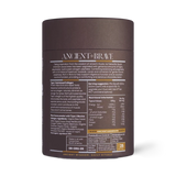 Back of the Ancient + Brave Cacao + Collagen tub with ingredients and nutritional information