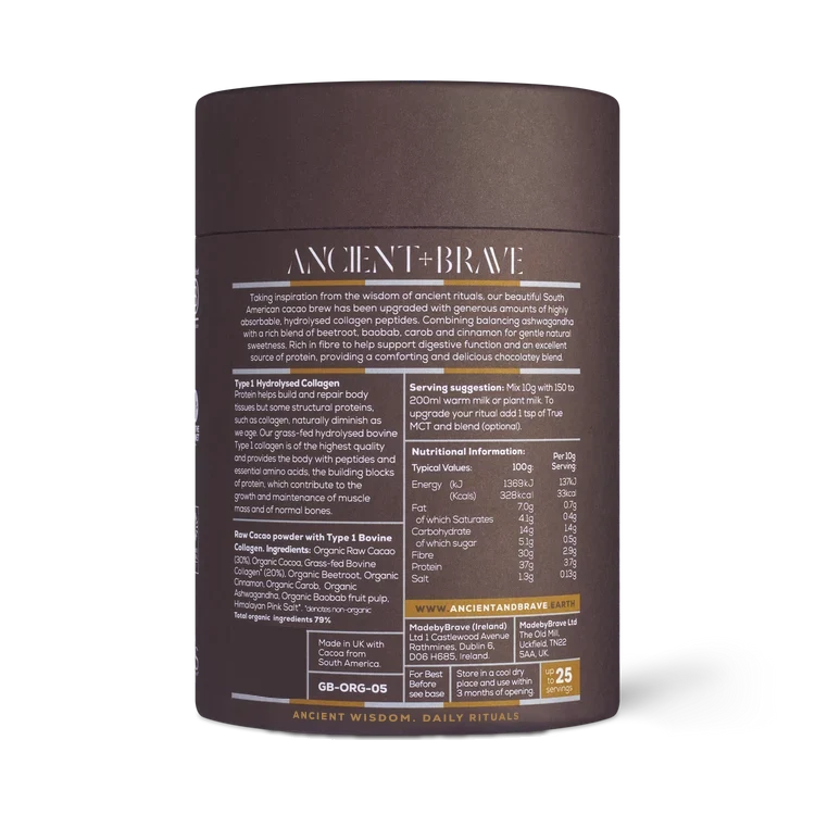 Back of the Ancient + Brave Cacao + Collagen tub with ingredients and nutritional information