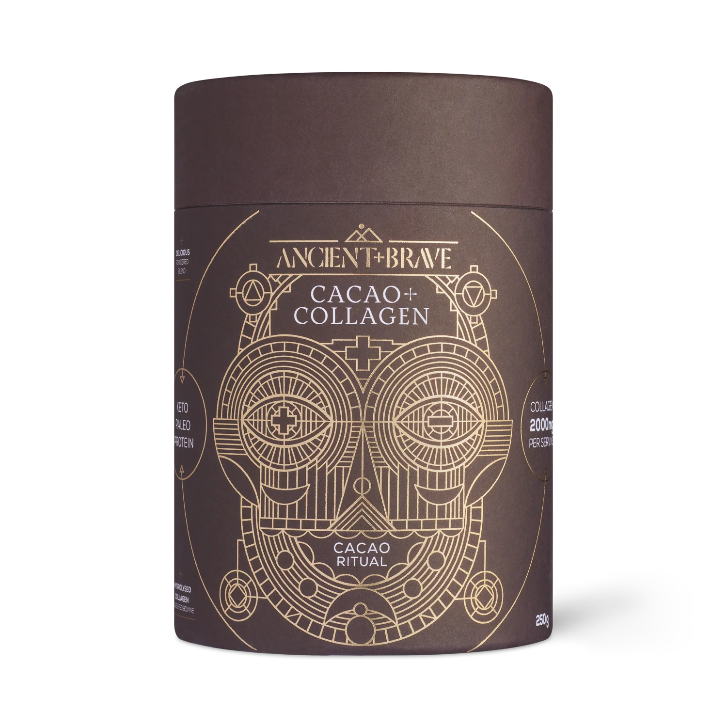 Ancient + Brave Cacao + Collagen 250 g tub, raw cacao blend with hydrolysed collagen