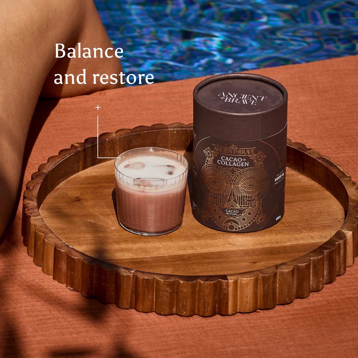 Ancient + Brave Cacao + Collagen and a warm cacao drink on a wooden tray, a ritual to balance and restore