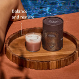 Ancient + Brave Cacao + Collagen and a warm cacao drink on a wooden tray, a ritual to balance and restore