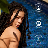 Model in sunlight with icons showing the benefits of Ancient + Brave Cacao + Collagen for skin, stress balance and energy