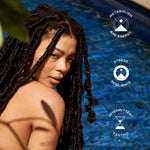 Model in sunlight with icons showing the benefits of Ancient + Brave Cacao + Collagen for skin, stress balance and energy
