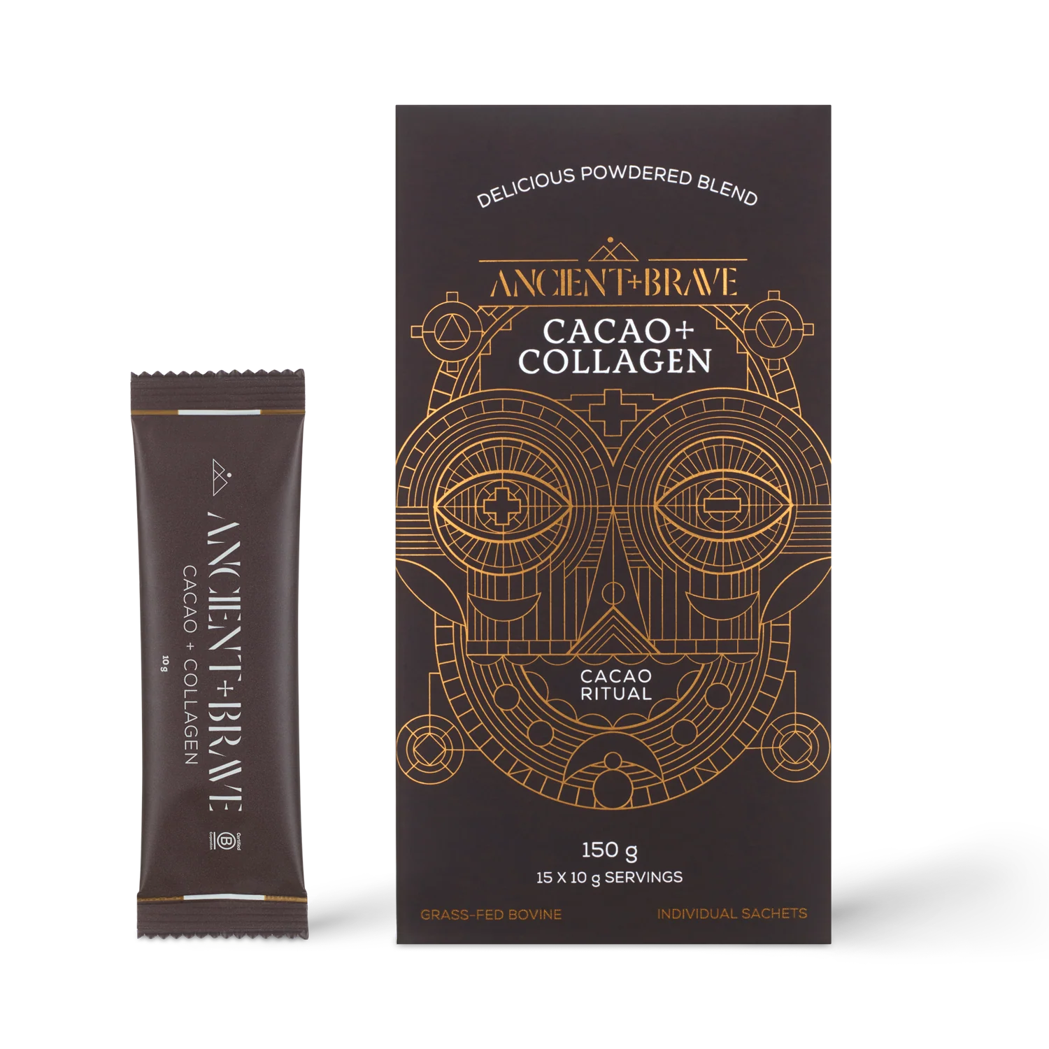 Ancient + Brave Cacao + Collagen Sachets box with 15 x 10 g single-serve sachets