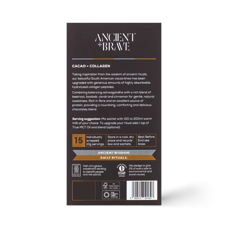 Back of the Ancient + Brave Cacao + Collagen Sachets box with product details and barcode
