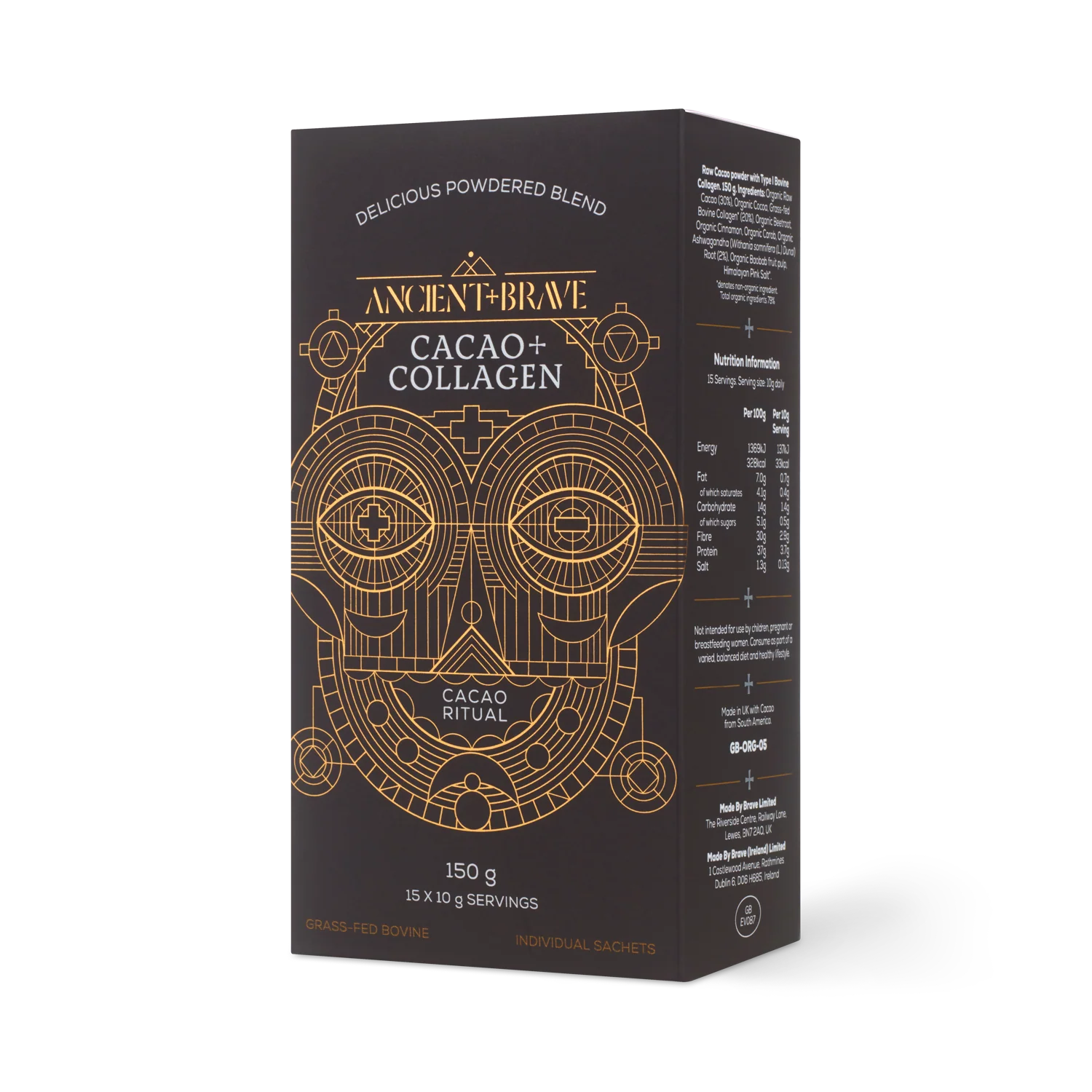 Ancient + Brave Cacao + Collagen Sachets box shown at an angle