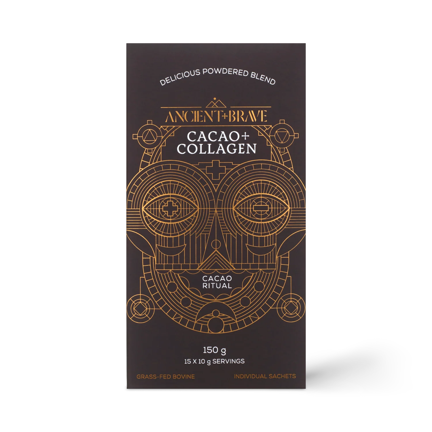 Front of the Ancient + Brave Cacao + Collagen Sachets box, 150 g