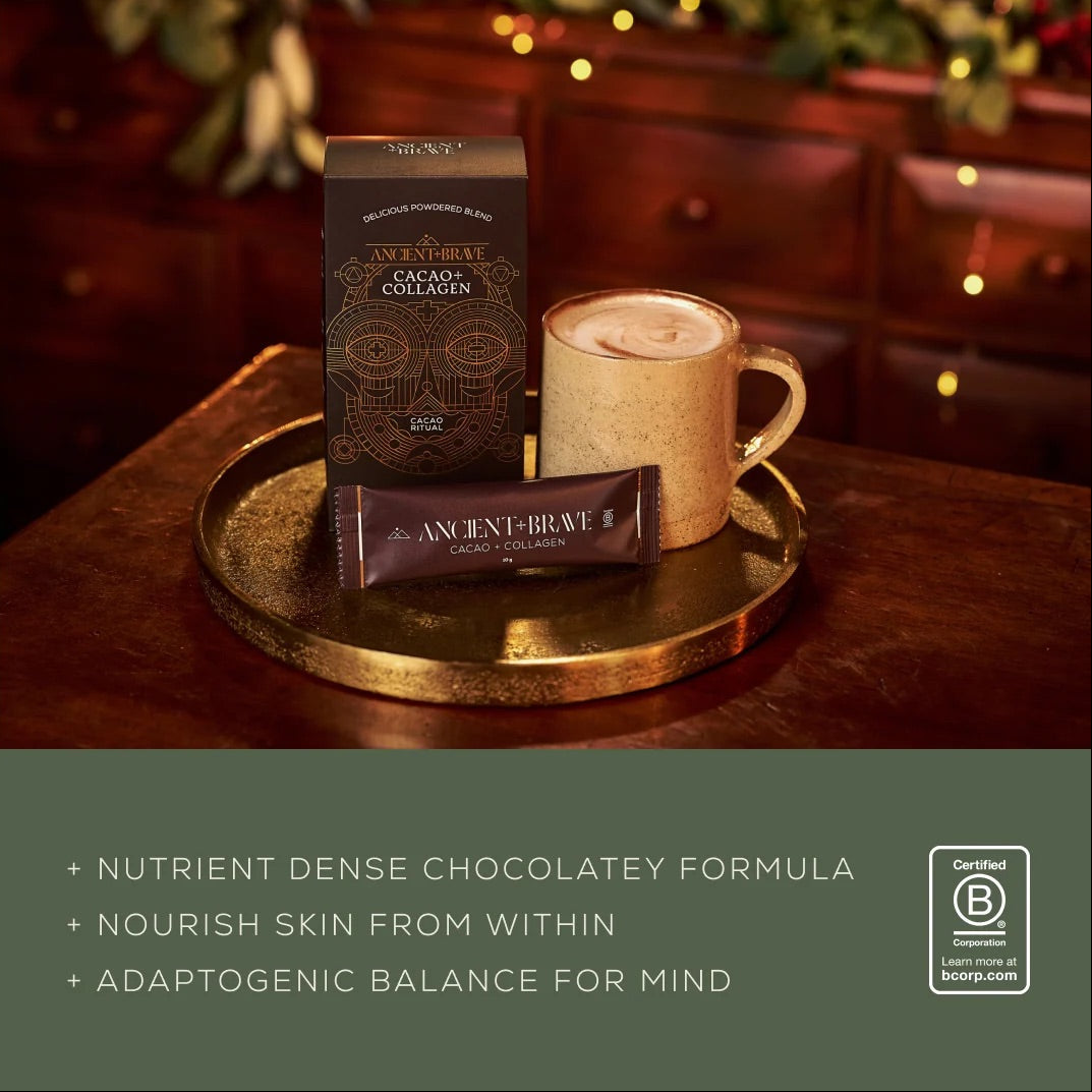 Ancient + Brave Cacao + Collagen Sachets box beside a cup of cacao, a nutrient-dense chocolatey formula with adaptogens