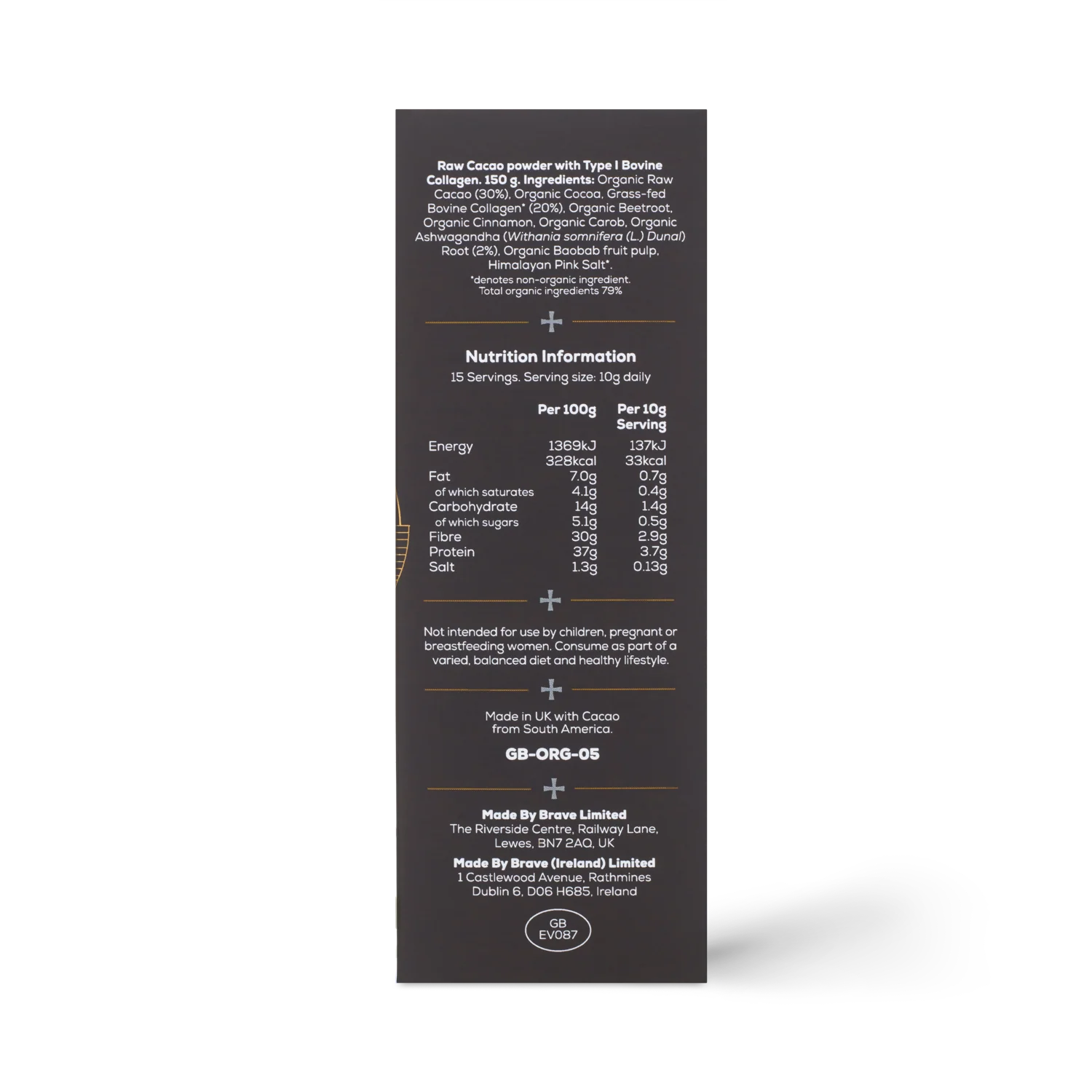 Side of the Ancient + Brave Cacao + Collagen Sachets box with nutritional information