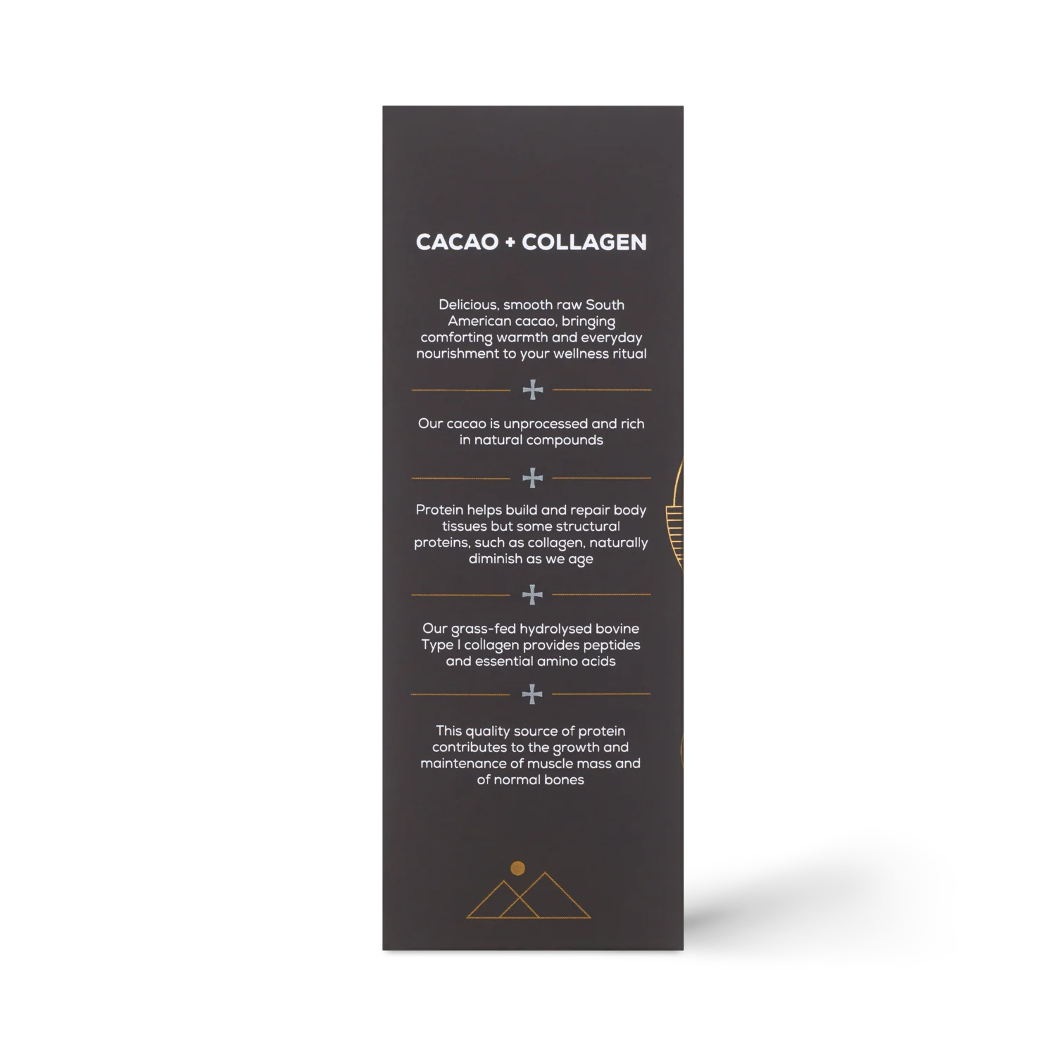 Side of the Ancient + Brave Cacao + Collagen Sachets box with ingredients and directions