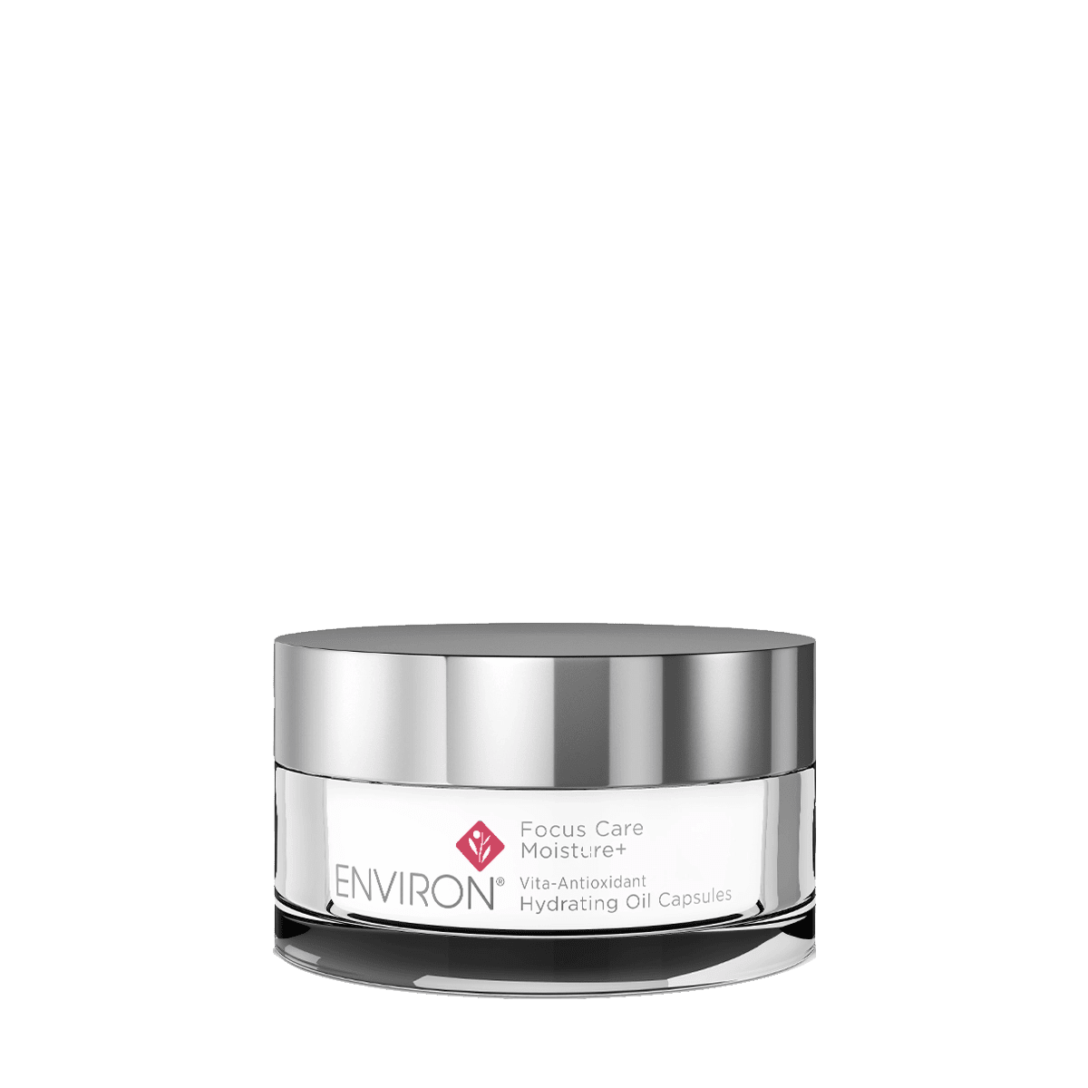Silver-lidded skincare cream jar with white label and red logo