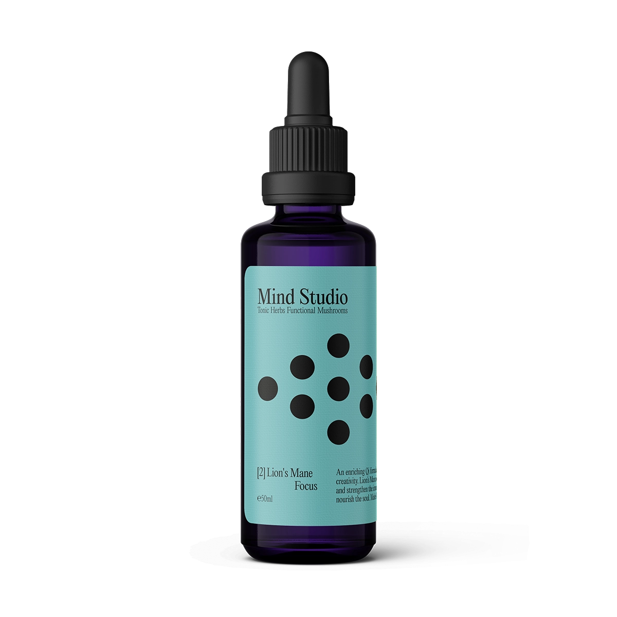 Mind Studio dropper bottle with blue label and black dots design