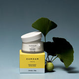 DAMDAM Ginkgo Bouncy Water Cream jar and yellow box beside fresh ginkgo leaves