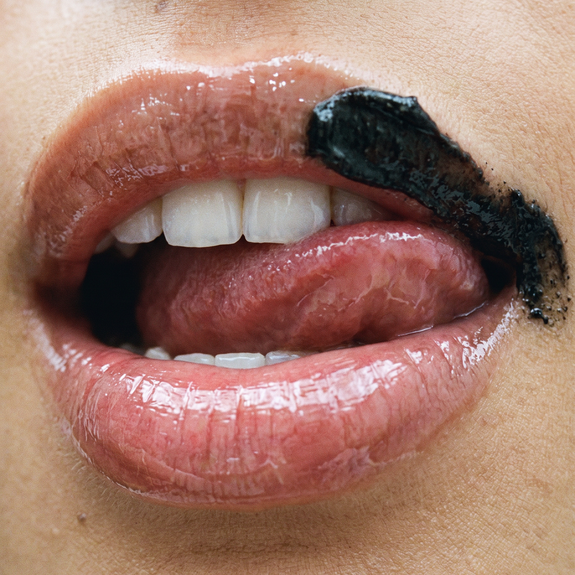 Close-up of lips with Herbar The Lip Butter Black Sesame applied for a glossy finish