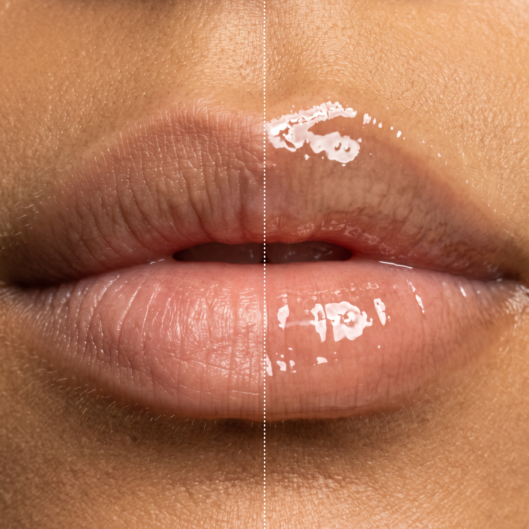 Before and after comparison of lips with Herbar The Lip Butter Black Sesame, showing softer, hydrated lips