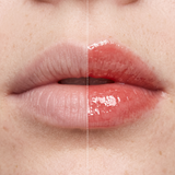 Before and after comparison of lips with Herbar The Lip Butter Jujube, showing softer, hydrated lips with a touch of red