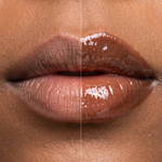 Before and after comparison of lips with Herbar The Lip Butter Mooncake, showing softer, glossy lips with a touch of brown