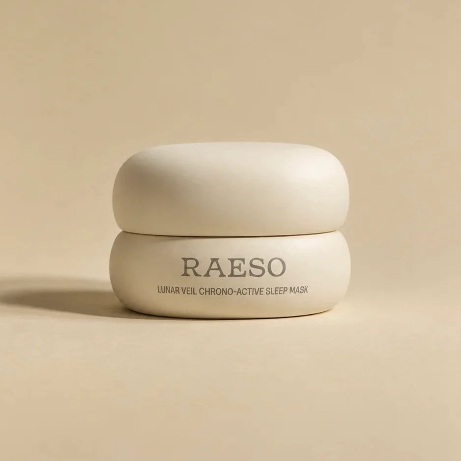 RAESO Lunar Veil Chrono-Active Sleep Mask mini jar on a soft beige background