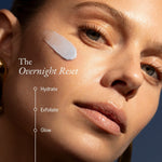 Model applying RAESO Lunar Veil Chrono-Active Sleep Mask as an overnight reset for smoother, clearer skin
