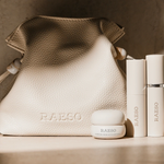 RAESO Three-Step Overnight Facial Set minis arranged in front of the cream leather-look pouch
