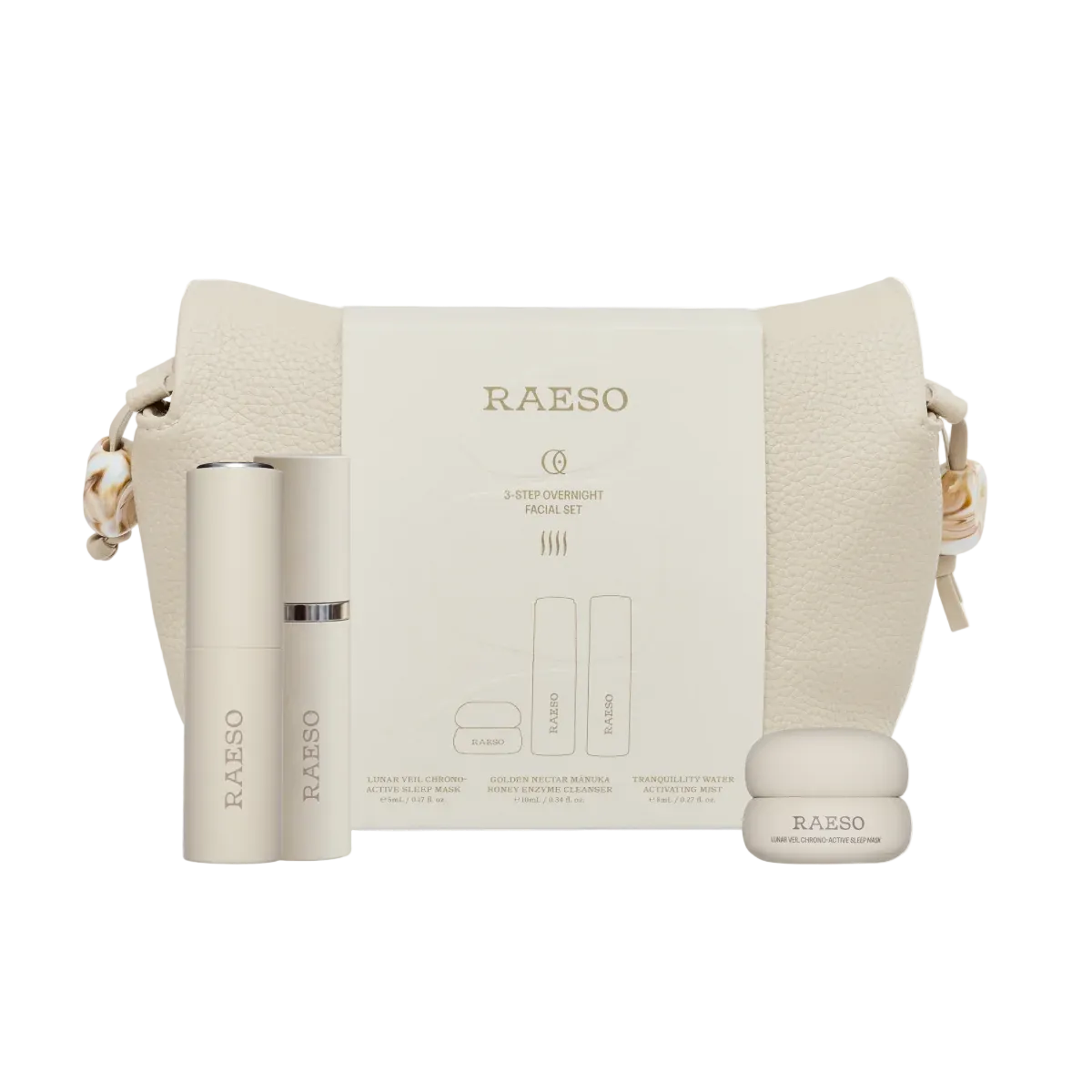 RAESO Three-Step Overnight Facial Set with gift box, pouch, Golden Nectar Cleanser, Tranquillity Mist and Lunar Veil Sleep Mask minis