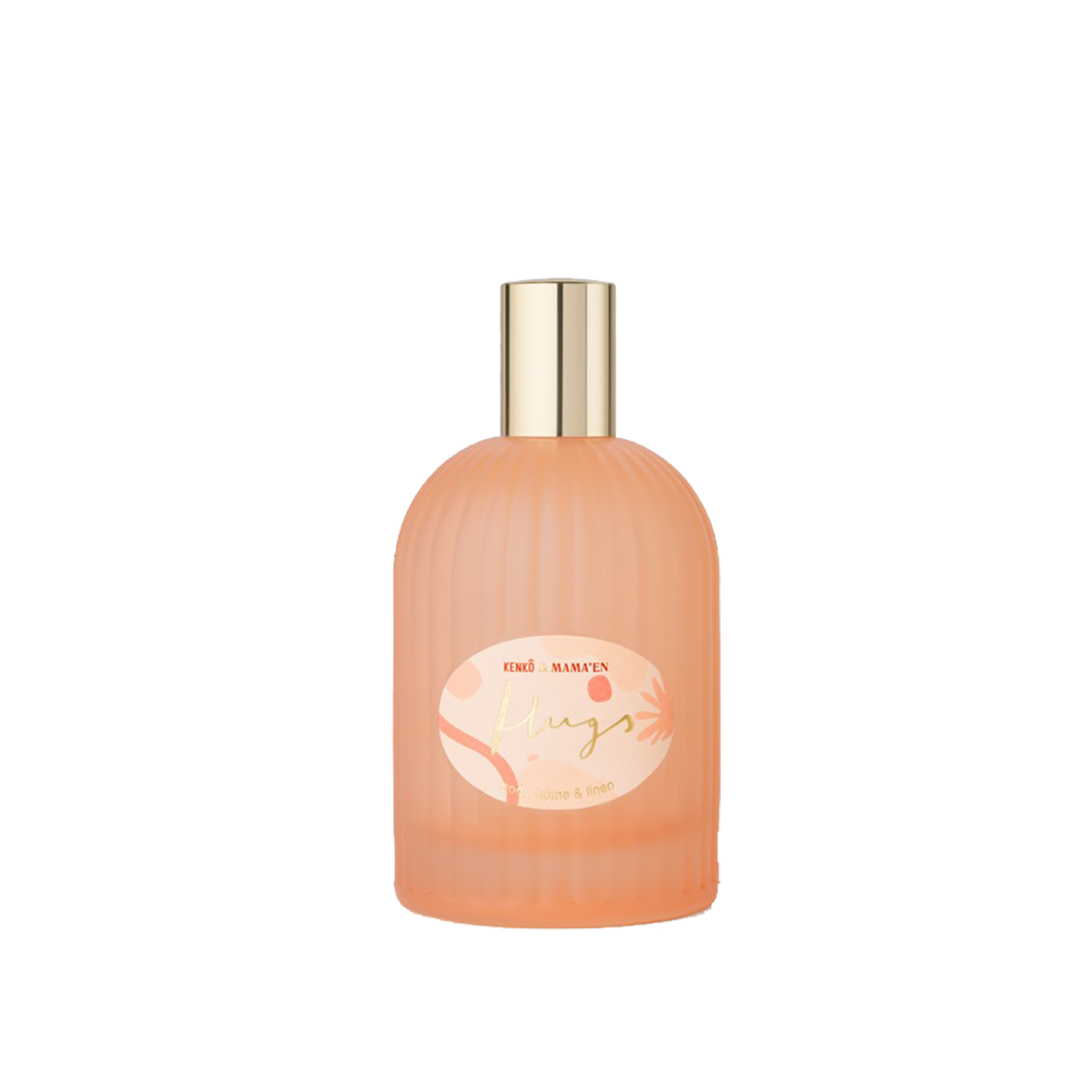 Peach-colored perfume bottle with gold cap and floral label design