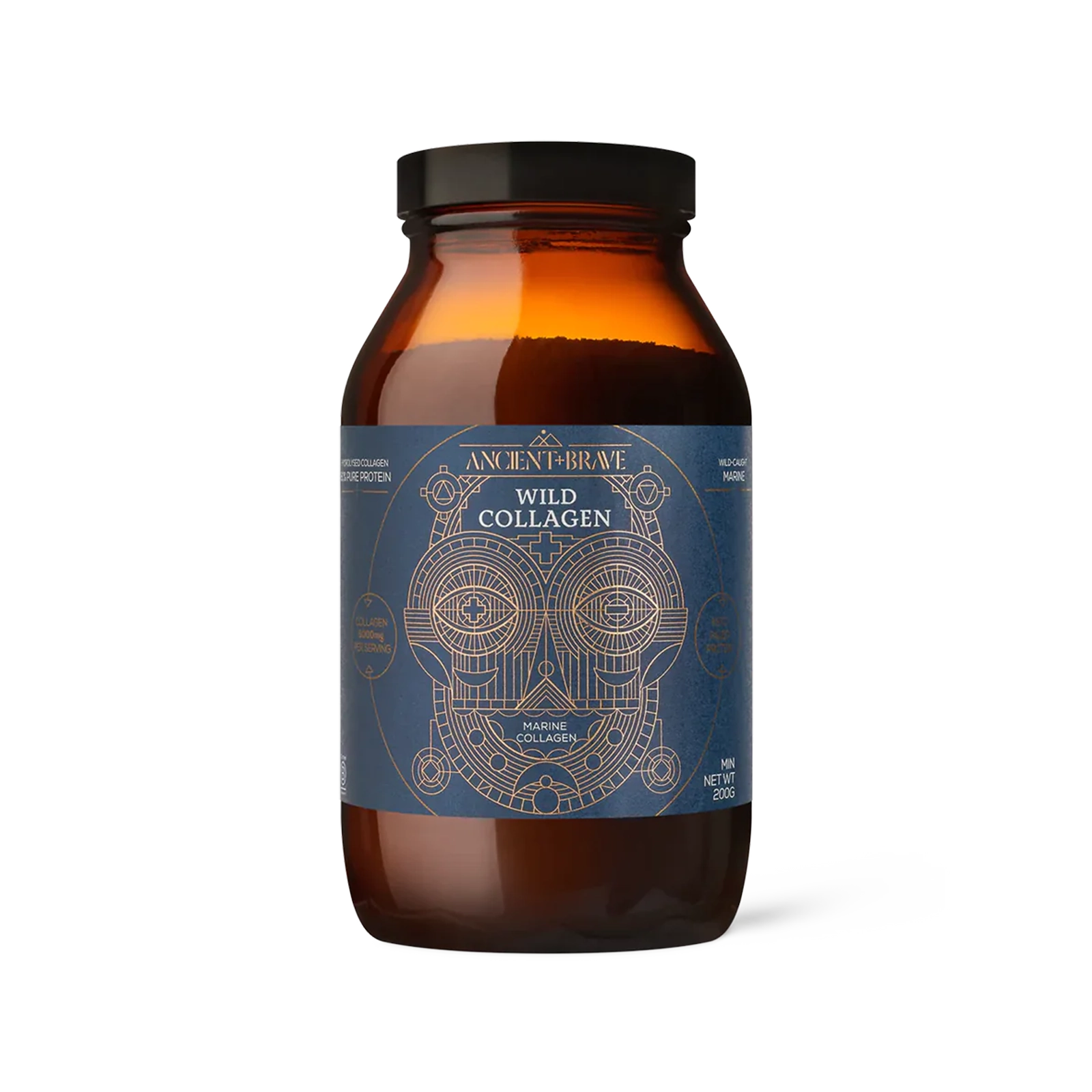 Brown jar of Ancient + Brave Wild Collagen with blue geometric label design