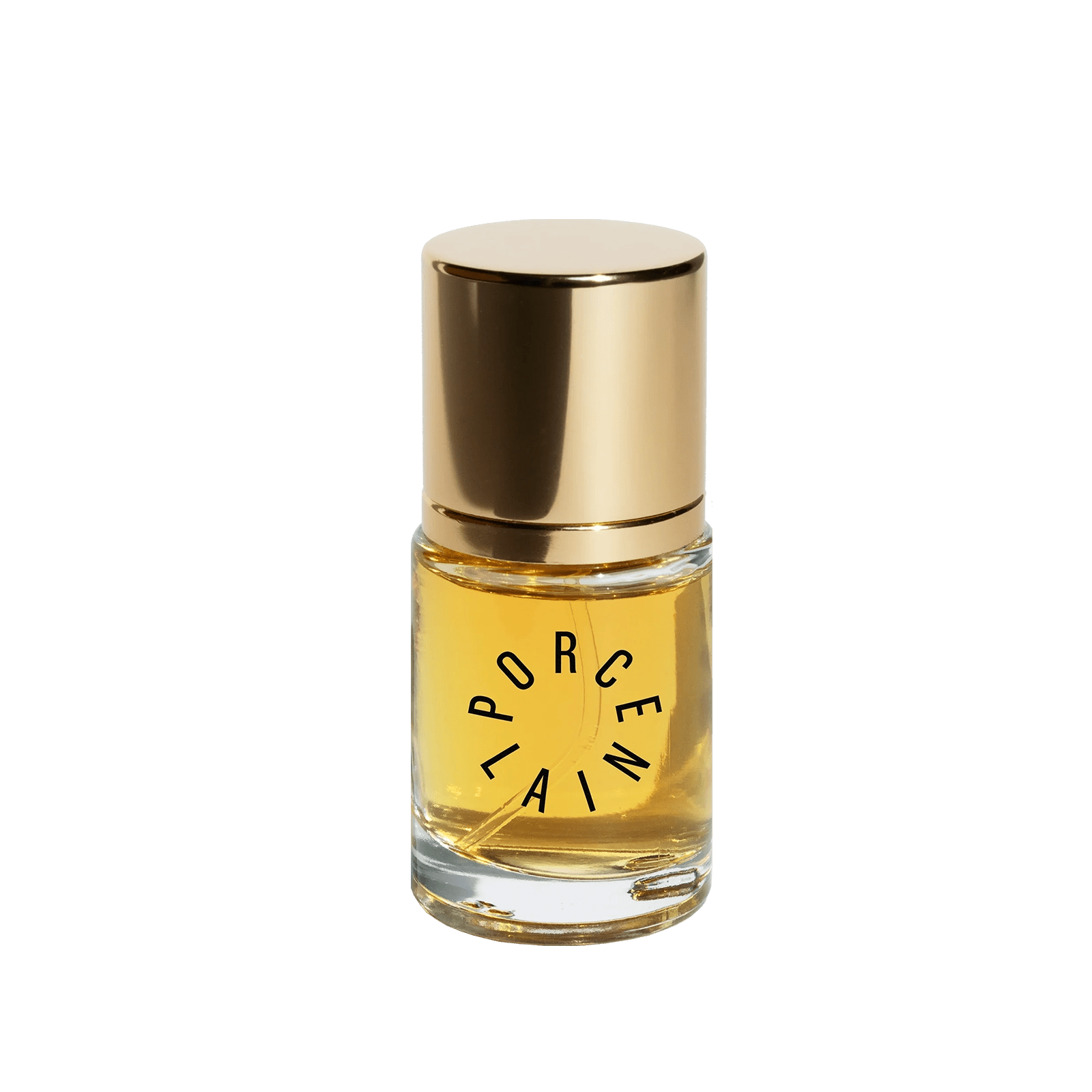 Gold-capped perfume bottle labeled "Porcelain" with amber liquid